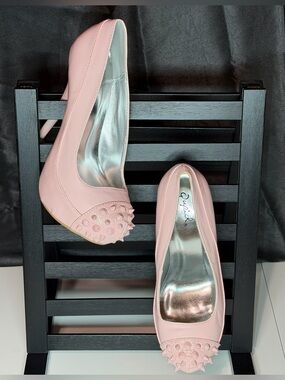 Qupid Pink Spiked Peep-Toe Platform Heels